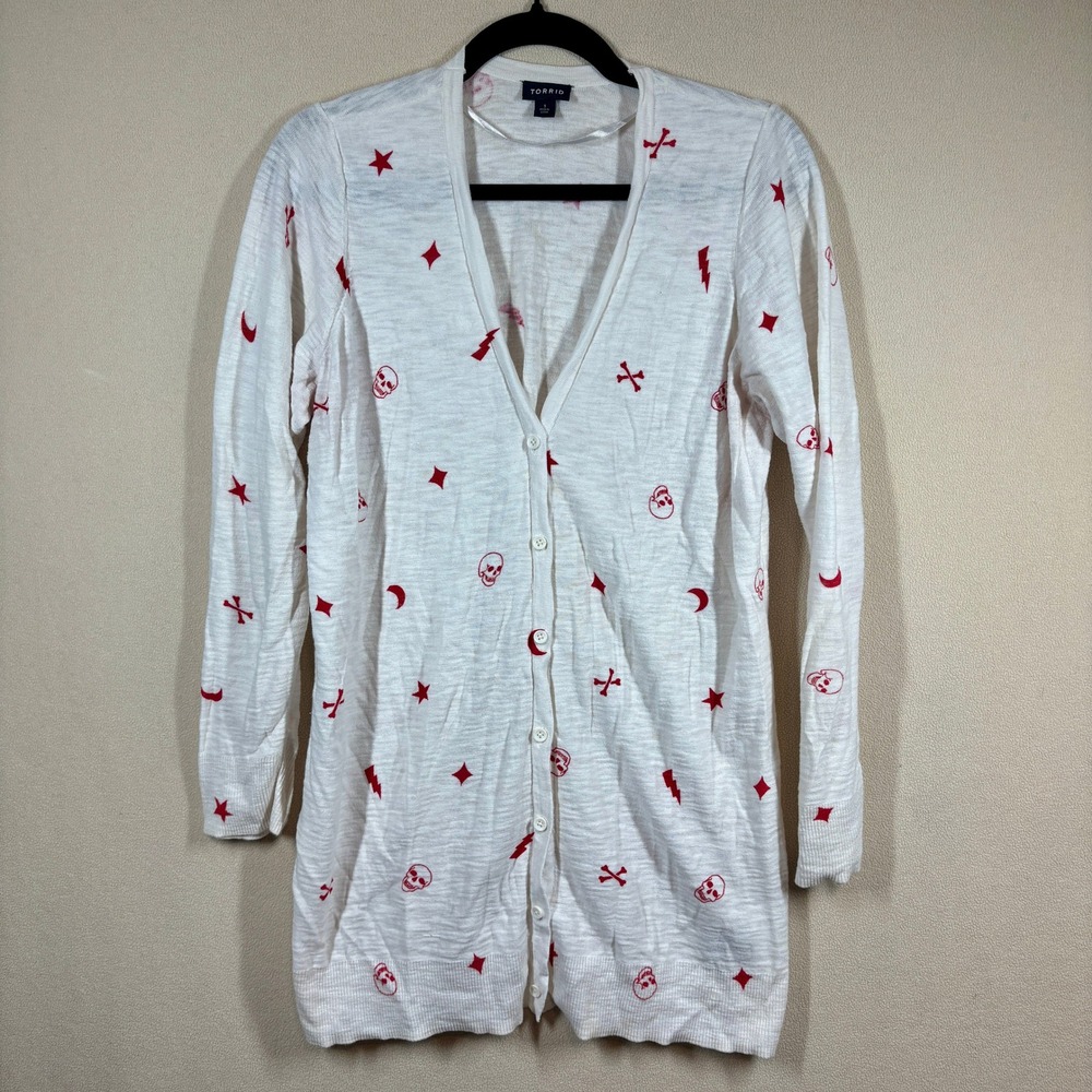 Torrid White Red Skull Celestial Star Moon Long Button Front Cardigan 1 (XL-14)